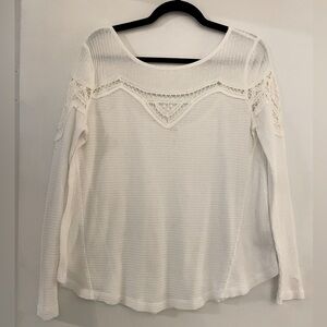 Free People Loose White Textured Long-Sleeve Top with Lace Cut-Outs